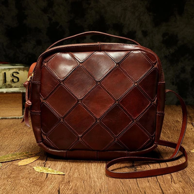City Walker Lightweight Bag Coffee Mosaic Womens Genuine Leather Shoulder Bag Handbag Bag Vintage Side Bag for Ladies
