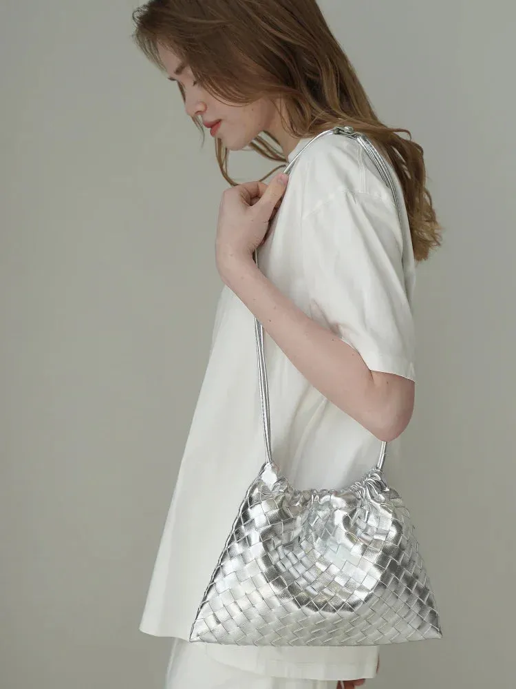 Luxurious Handwoven Lambskin Drawstring Shoulder Bag - Genuine Leather Shoulder Bucket Bag for Women Easy Outfit Addition