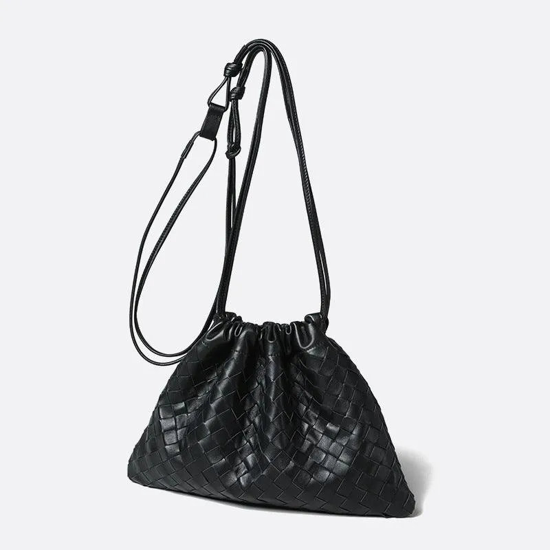 Workday Essential Compact Urban Look Luxurious Handwoven Lambskin Drawstring Shoulder Bag - Genuine Leather Shoulder Bucket Bag for Women