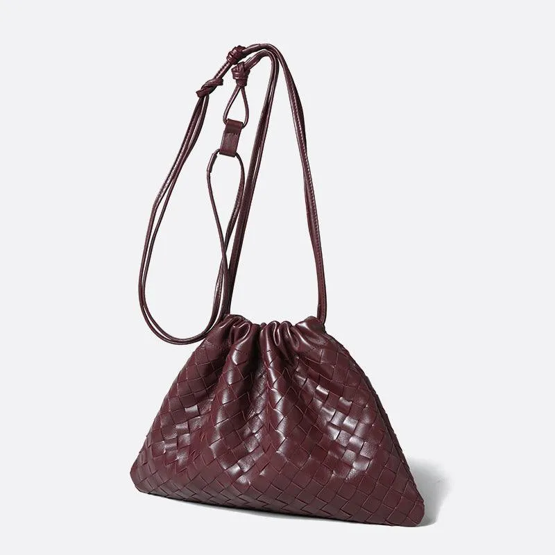 Soft Relaxed Form Luxurious Handwoven Lambskin Drawstring Shoulder Bag - Genuine Leather Shoulder Bucket Bag for Women