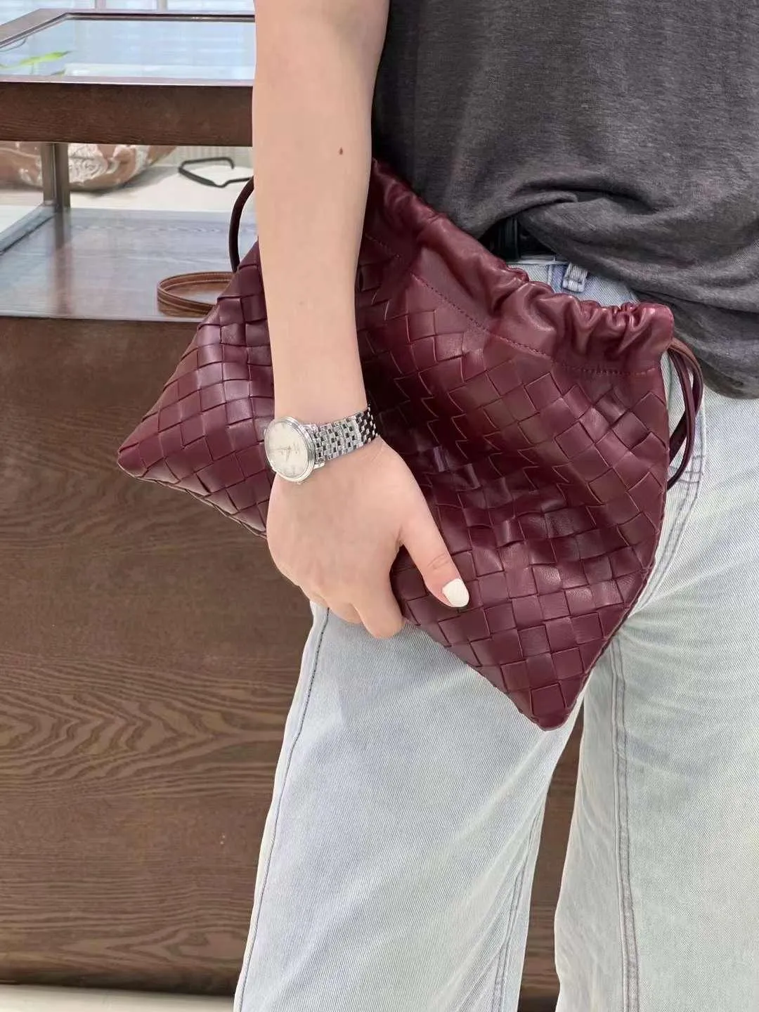 Weekend Companion Luxurious Handwoven Lambskin Drawstring Shoulder Bag - Genuine Leather Shoulder Bucket Bag for Women