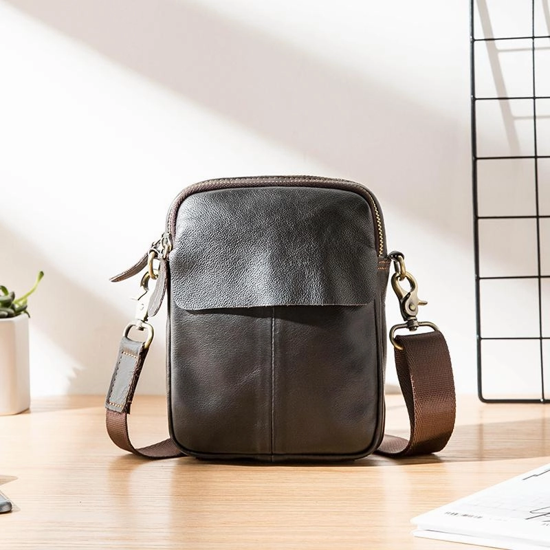 Black Casual Leather Mens Vertical Mini Side Bag Small Messenger Bags Belt Bag for Men Fashion Travel