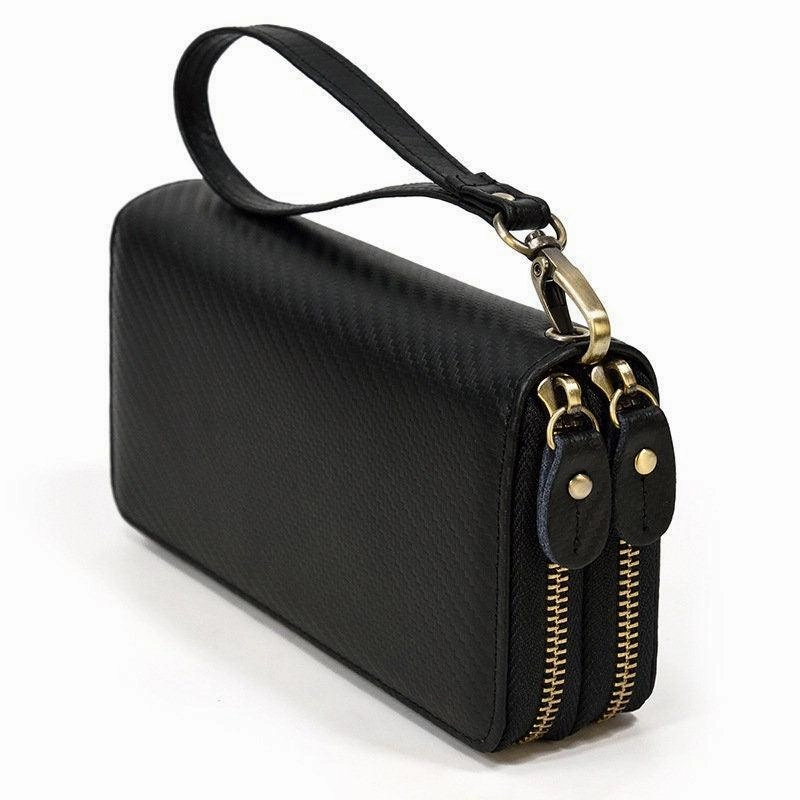 Elegant Durability Gift For Him Full Grain Leather Long Wallet, Mens Zipper Wallet, Women Bifold Wallet, Black Double-Layer Cowhide Tall Wallet, Fathers Gift for Him