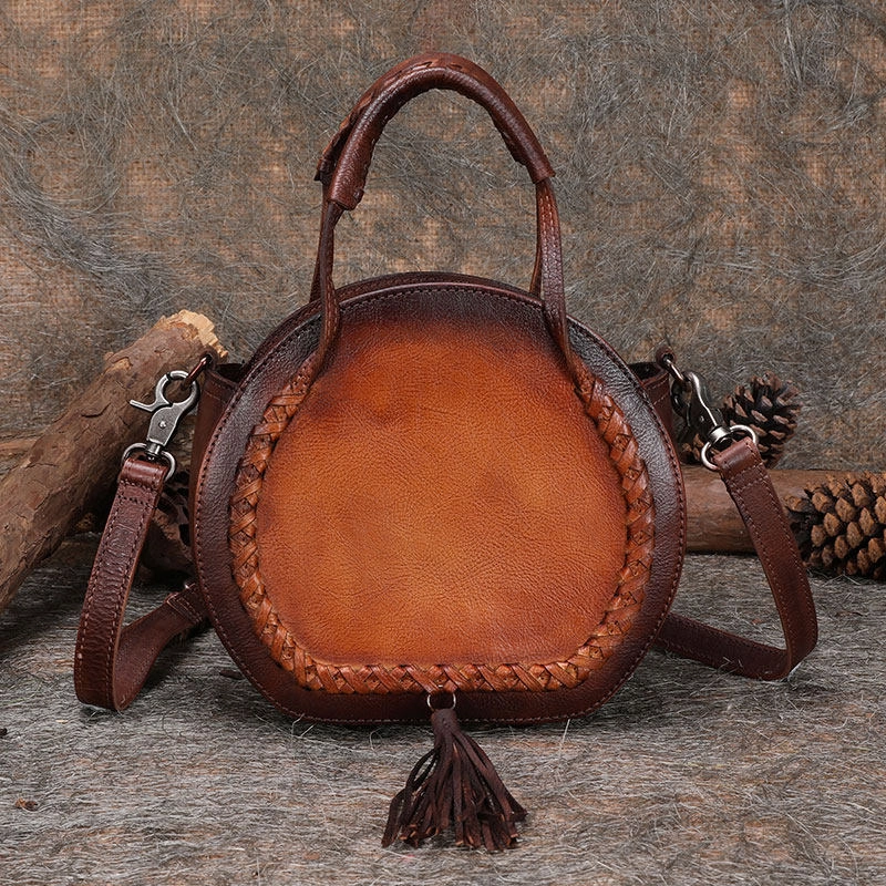 City Essential Womens Brown Leather Round Handbag Purses with Tassels Vintage Handmade Round Shoulder Bag Crossbody Handbag for Women