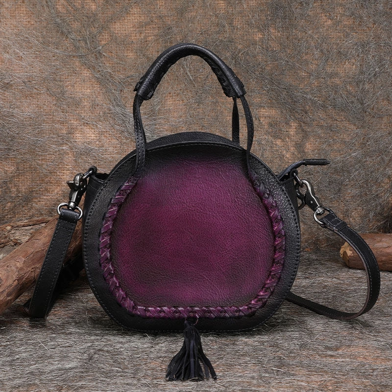 Womens Brown Leather Round Handbag Purses with Tassels Vintage Handmade Round Shoulder Bag Crossbody Handbag for Women Business casual