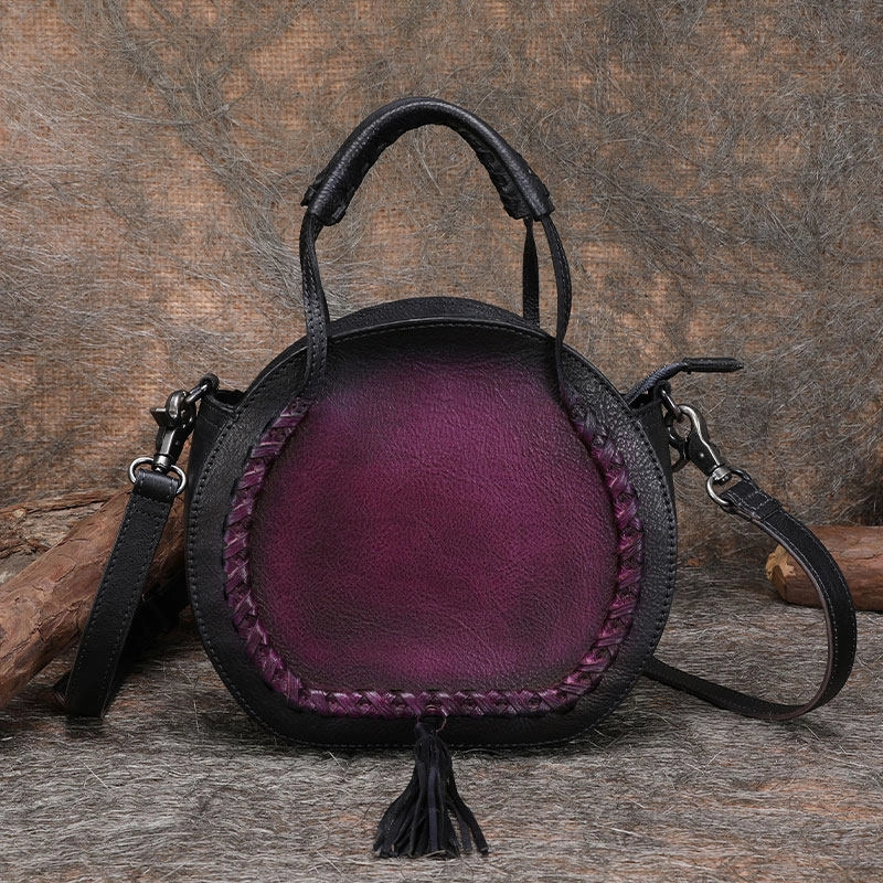 Womens Brown Leather Round Handbag Purses with Tassels Vintage Handmade Round Shoulder Bag Crossbody Handbag for Women Modern Utility Compact Form