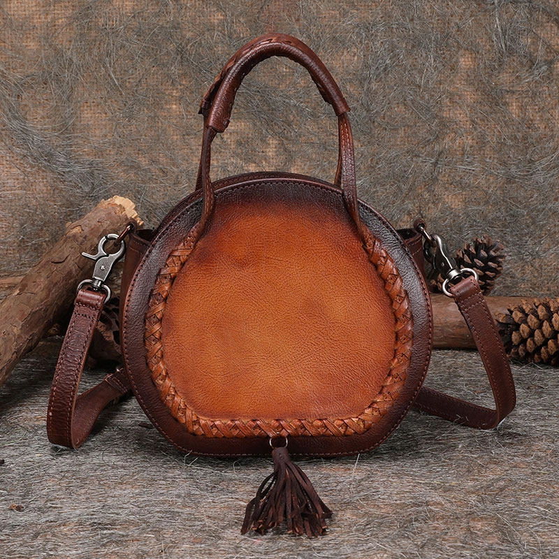Womens Brown Leather Round Handbag Purses with Tassels Vintage Handmade Round Shoulder Bag Crossbody Handbag for Women Classy office bag Urban Casual