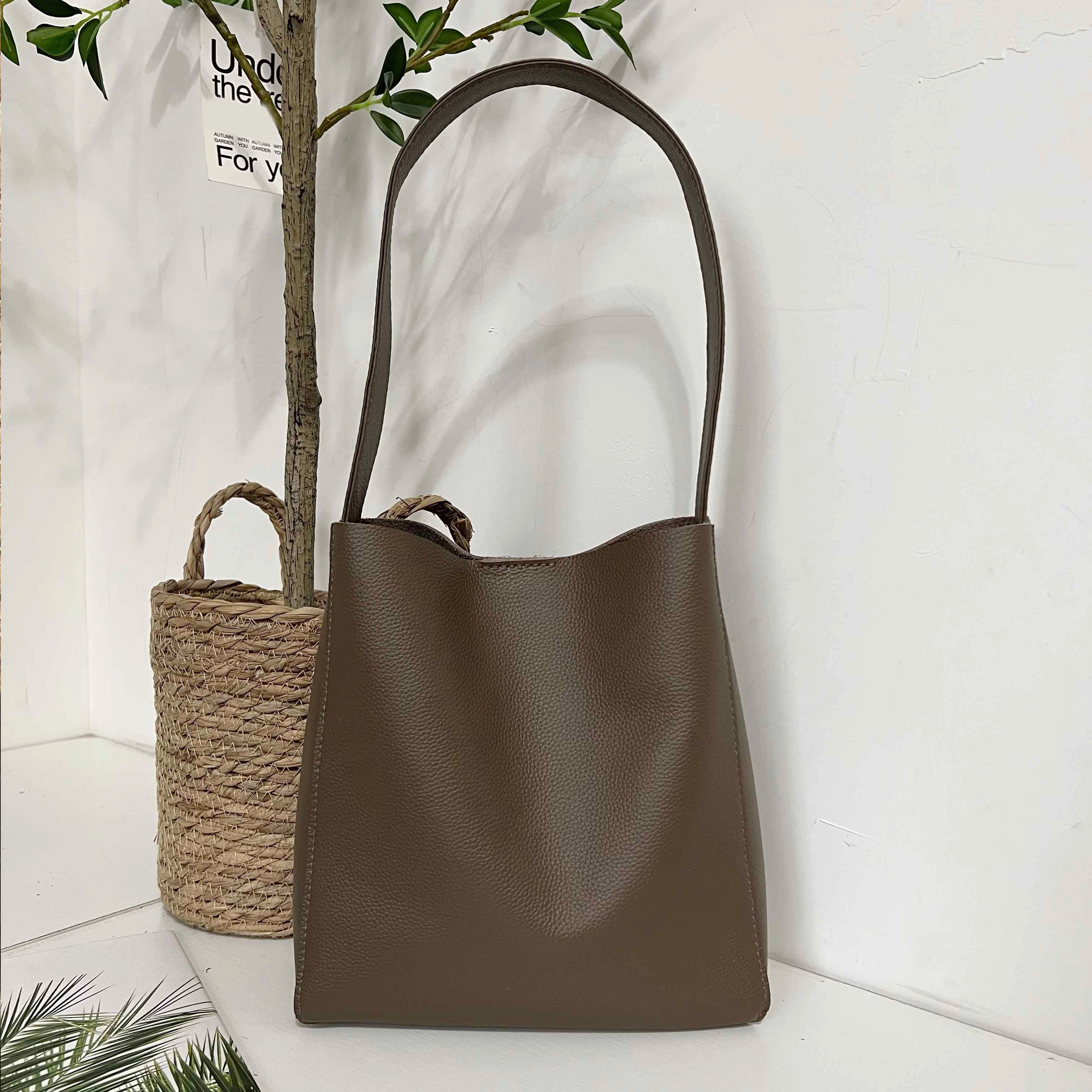 Trendy Outfit Match Minimalist Pebbled Cowhide Leather Bucket  Bag, Wide Shoulder Strap Bucket Bag