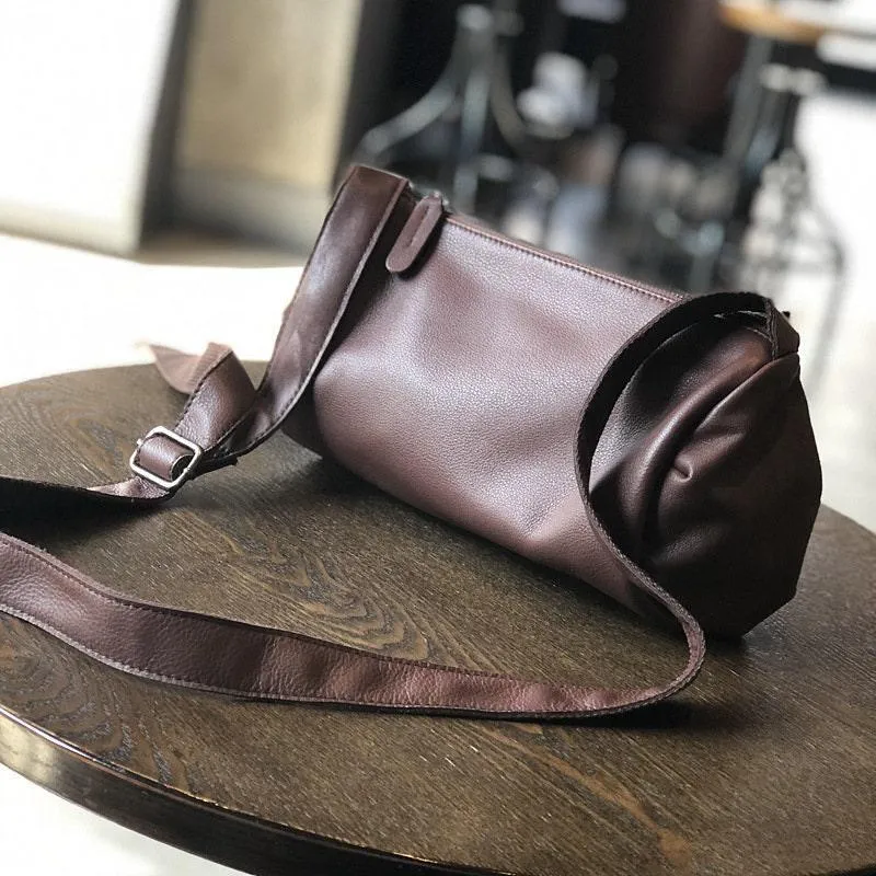 Full Grain Leather Bag, Handcrafted Cowhide Cylinder Bag, Barrel bag, Round Leather Bag, Small Shoulder Bag, Soft Light Casual Bag, Gift Compact Form