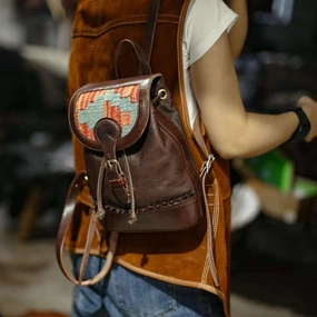 Handcrafted Small Leather Backpack with Embroidered Flap | Full-grain Leather Backpack with Carpet Pattern Patchwork Easy Carry Modern Fashion
