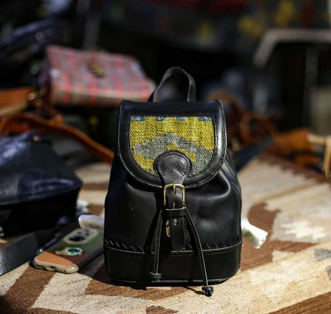 Handcrafted Small Leather Backpack with Embroidered Flap | Full-grain Leather Backpack with Carpet Pattern Patchwork Premium Quality