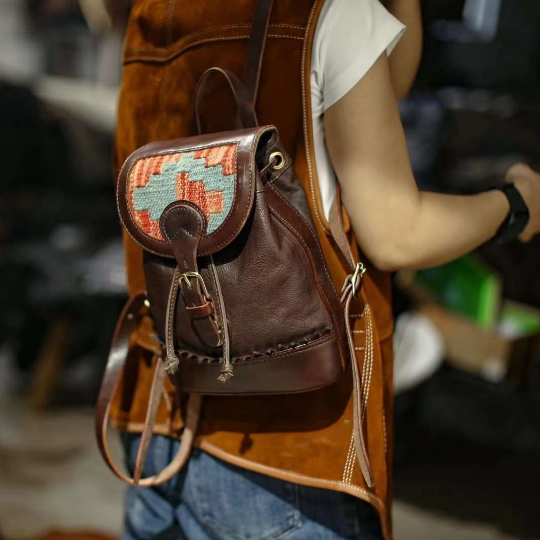 Handcrafted Small Leather Backpack with Embroidered Flap | Full-grain Leather Backpack with Carpet Pattern Patchwork Easy Carry Modern Fashion