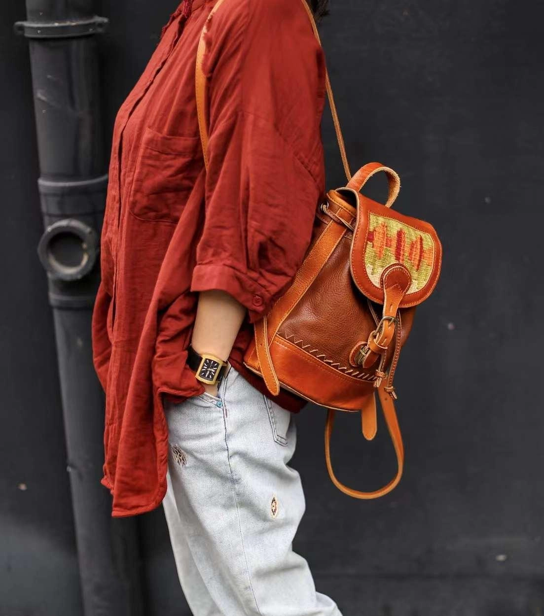 Travel Light Handcrafted Small Leather Backpack with Embroidered Flap | Full-grain Leather Backpack with Carpet Pattern Patchwork