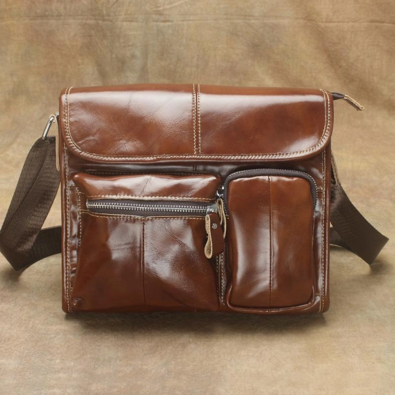Simple Utility Oil Waxed Brown Leather Men's Small Messenger Bag Coffee Small Side Bag For Men