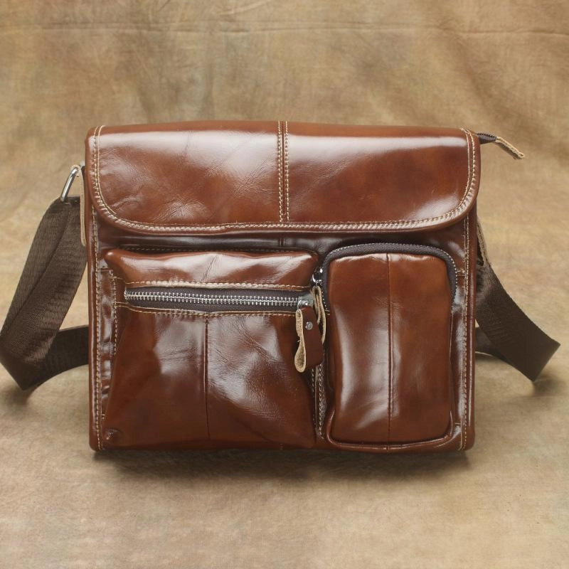 Simple Form Durable Organizer Oil Waxed Brown Leather Men's Small Messenger Bag Coffee Small Side Bag For Men