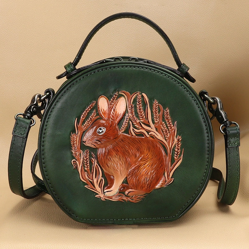 Vintage Womens Leather Round Handbag Bunny Crossbody Purse Cutest Round Shoulder Bags for Women Easy-to-carry handbag