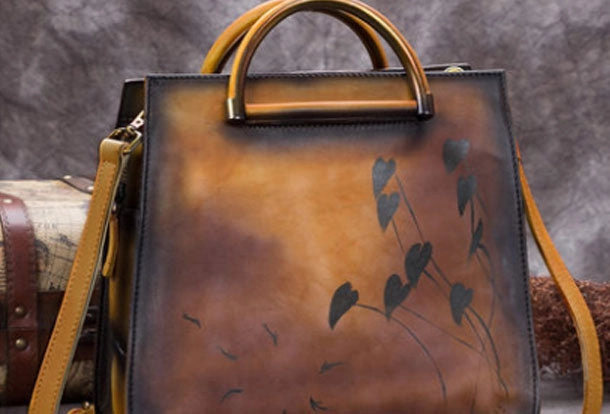 Compact Travel work commute Genuine Leather Handbag Paiting Art Vintage Bag Crossbody Bag Shoulder Bag Purse For Women