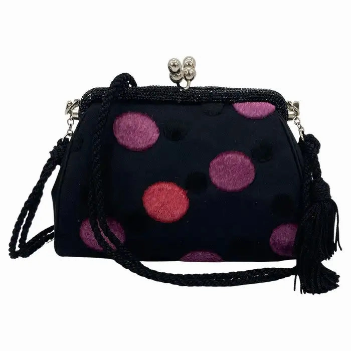 Designer Inspired Judith Leiber Black Silk Velvet Polka Dot Crystal Top Clutch