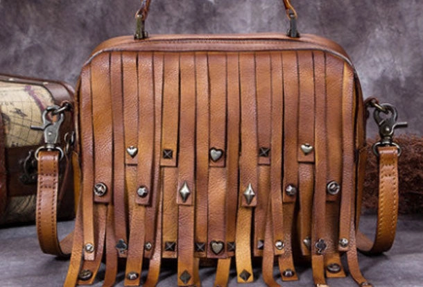 Trendy Daily Elegant Geometry Genuine Leather Handbag Vintage Rivet Tassel Bag Crossbody Bag Shoulder Bag Purse For Women