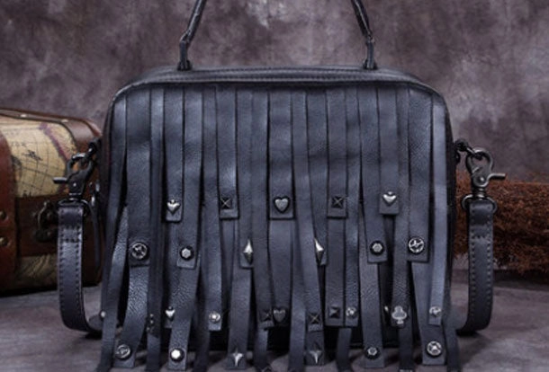 Everyday Organizer Genuine Leather Handbag Vintage Rivet Tassel Bag Crossbody Bag Shoulder Bag Purse For Women