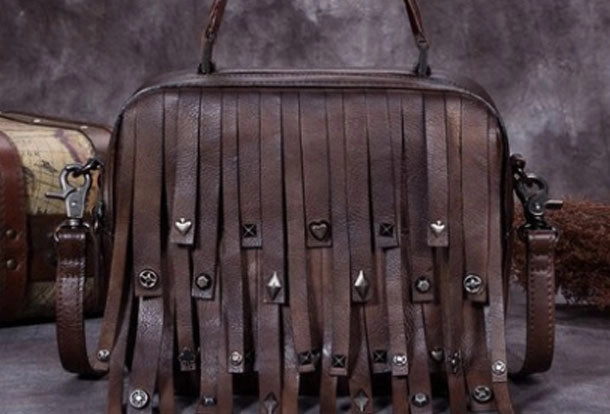 Genuine Leather Handbag Vintage Rivet Tassel Bag Crossbody Bag Shoulder Bag Purse For Women Soft Edge Contemporary Structure