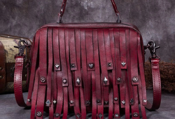Office Look Genuine Leather Handbag Vintage Rivet Tassel Bag Crossbody Bag Shoulder Bag Purse For Women