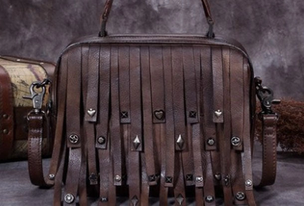 Genuine Leather Handbag Vintage Rivet Tassel Bag Crossbody Bag Shoulder Bag Purse For Women School campus