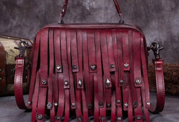 Modern Accessory Genuine Leather Handbag Vintage Rivet Tassel Bag Crossbody Bag Shoulder Bag Purse For Women
