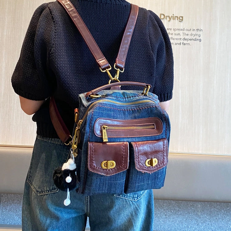 Flexible Compact Convertible Denim Mini Backpack Bag Crossbody Bag Women Blue Convertible Denim Handbag Shoulder Bag Lightweight Fit