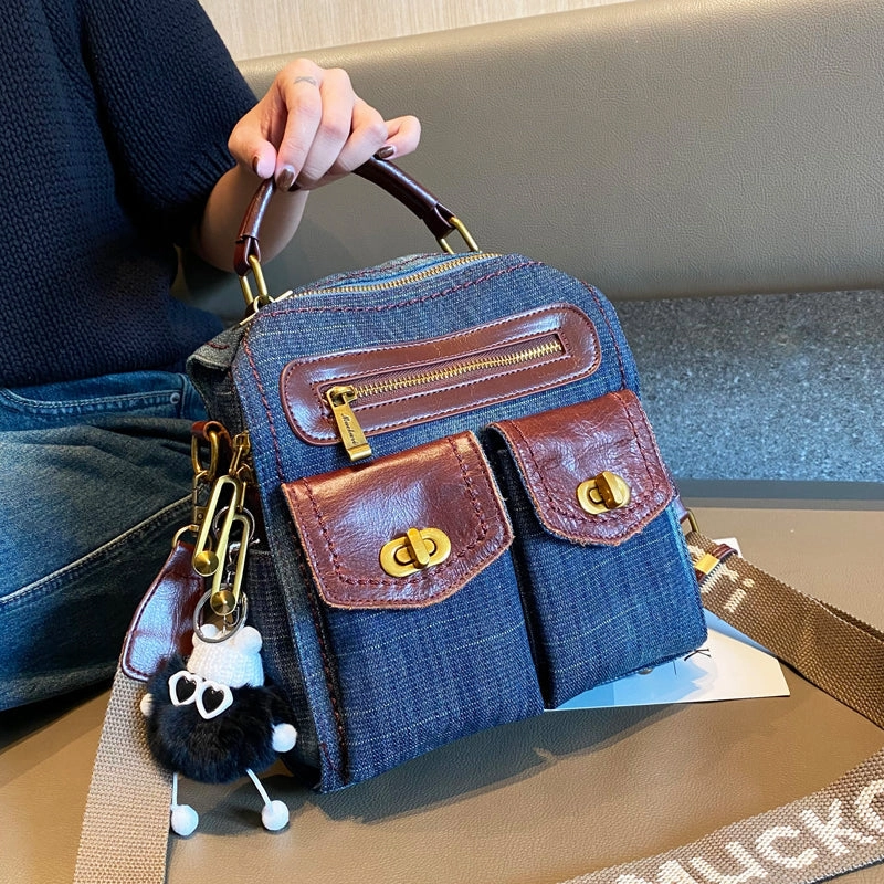 Convertible Denim Mini Backpack Bag Crossbody Bag Women Blue Convertible Denim Handbag Shoulder Bag Office Everyday Practical Vision