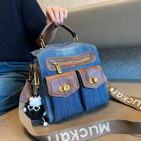 Convertible Denim Mini Backpack Bag Crossbody Bag Women Blue Convertible Denim Handbag Shoulder Bag Soft fabric handbag Minimal Geometry