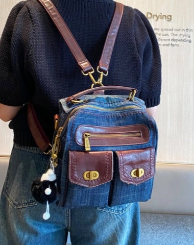 Flexible Compact Convertible Denim Mini Backpack Bag Crossbody Bag Women Blue Convertible Denim Handbag Shoulder Bag Tech Compatible