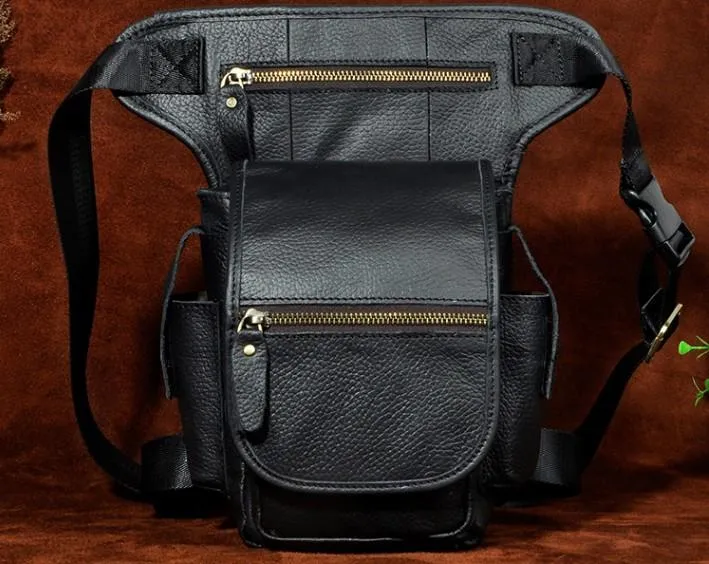 High Quality Outdoor Adventure Cool Biker Mens Leather Drop Leg Bag Side Bag Belt Pouch Waist Bag Shoulder Bag for Men