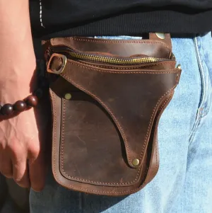 Cool Brown Leather Men's Belt Bag Waist Bag Motorcycle Bag Belt Pouch For Men Sleek Appearance