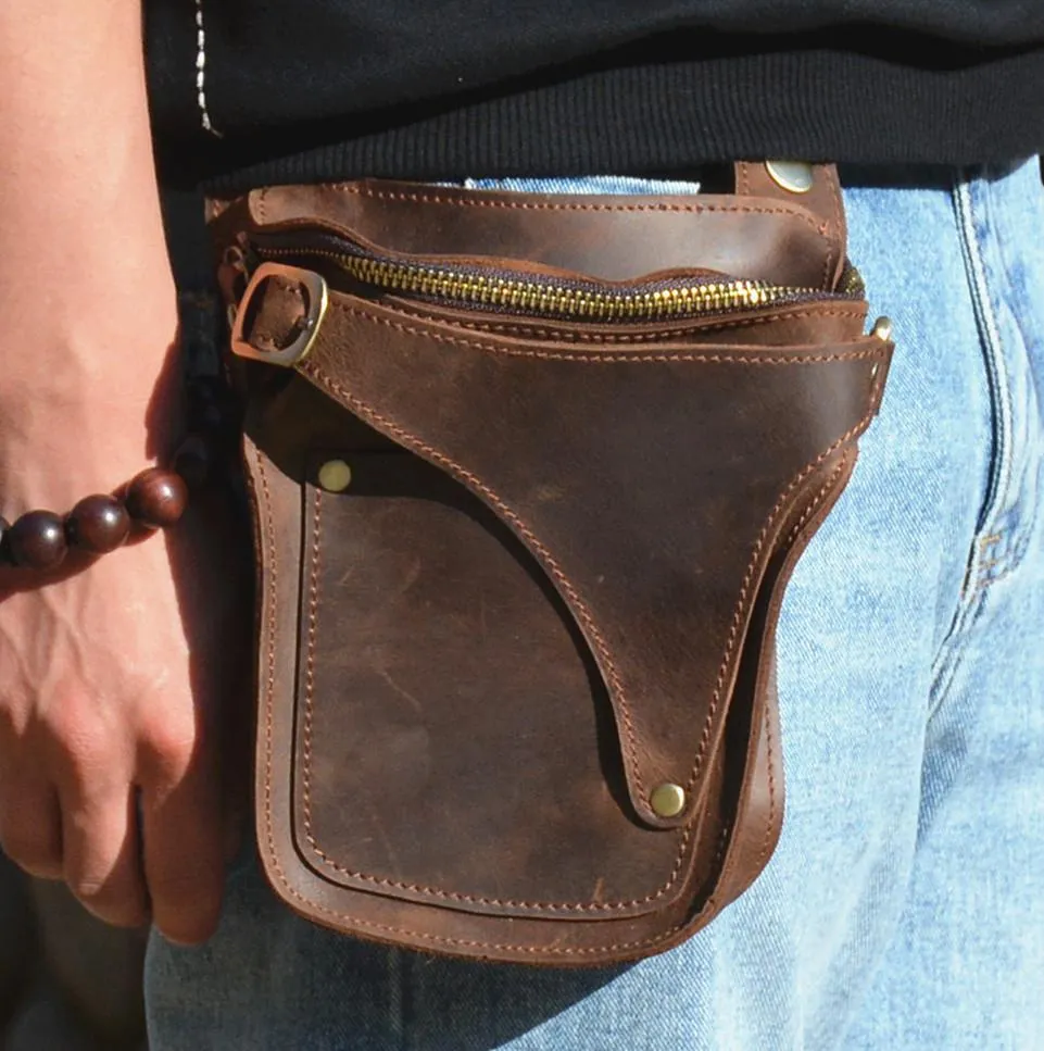 Cool Brown Leather Men's Belt Bag Waist Bag Motorcycle Bag Belt Pouch For Men Sleek Appearance