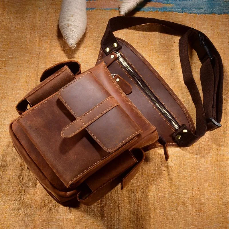 Soft Edge Cool Brown Leather Men's Drop Leg Bag Small Side Bag Belt Pouch Waist Bag For Men
