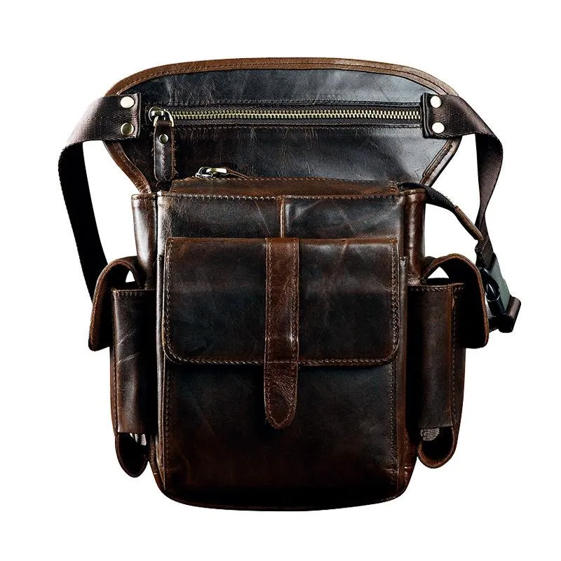 Cool Brown Leather Men's Drop Leg Bag Small Side Bag Belt Pouch Waist Bag For Men Luxury Feel