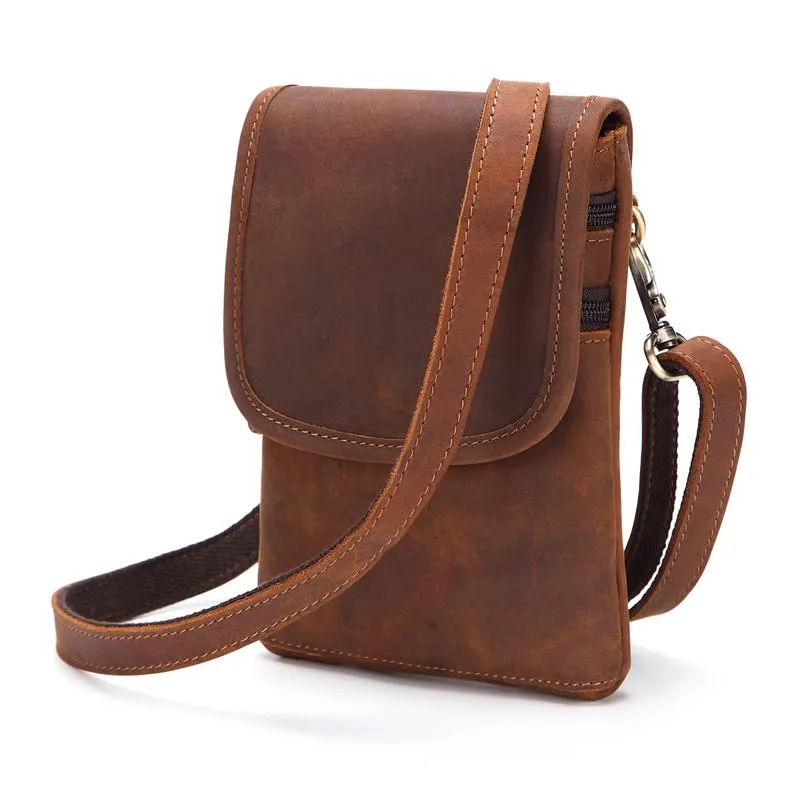 Cool Brown Leather Mens Mini Shoulder Bag Waist Belt Pouch Belt Bags For Men Small personal organizer Stylish Design