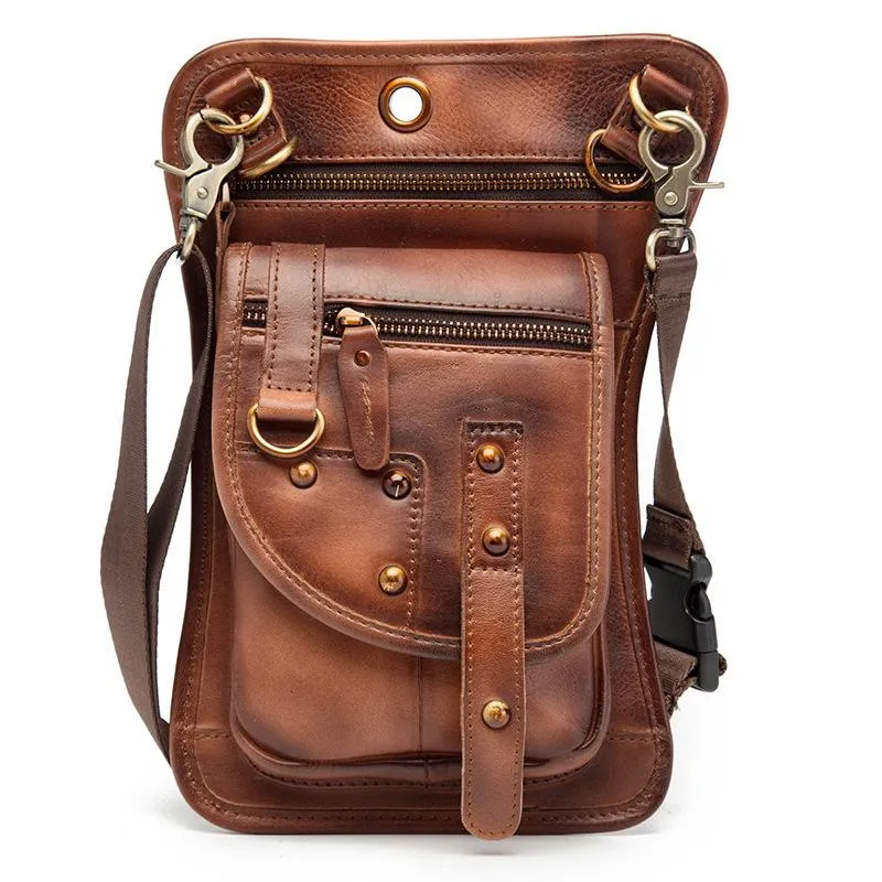 Cool Leather Brown Men's Biker Drop Leg Bag Belt Pouch Black Waist Bag Side Bag For Men Minimal Craft