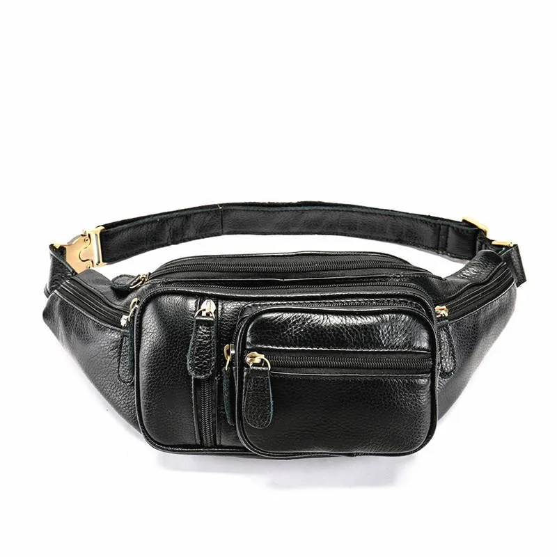 Cool Leather Brown Men's Fanny Pack Black Waist Bag Hip Pack For Men Compact Construction Travel Simplicity