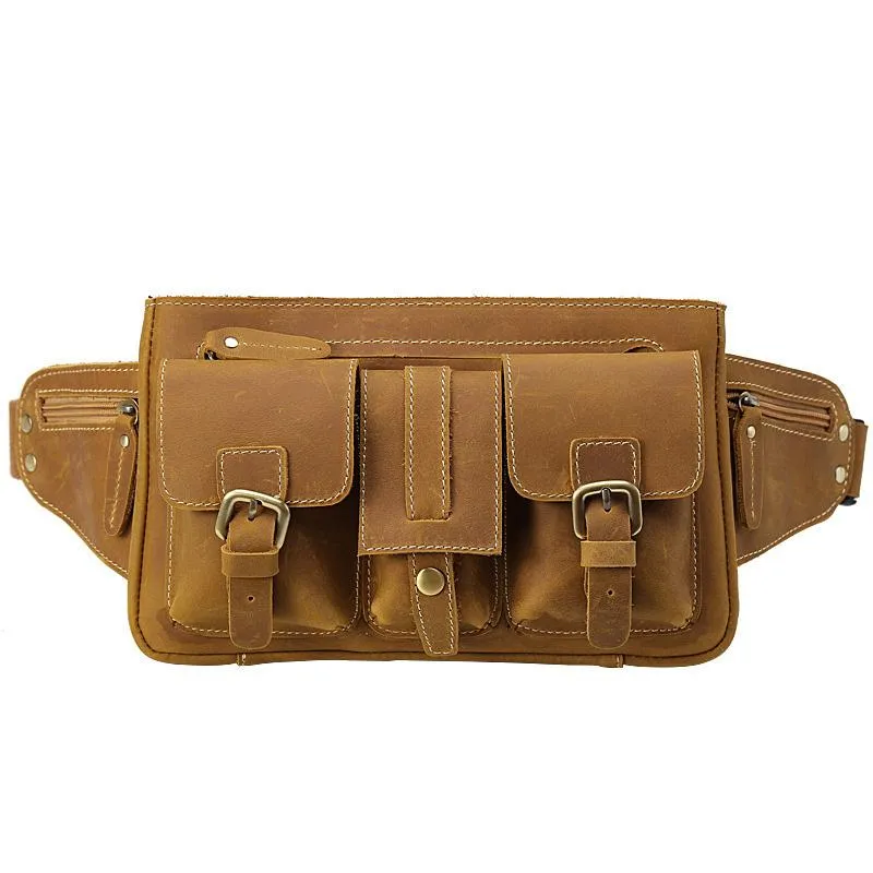 Cool Leather Brown Men's Fanny Pack Chest Bag Vintage Waist Bag Hip Pack For Men Lightweight Gear