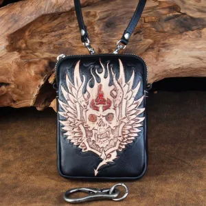 Quick Access Cool Leather Mens Skull Biker Belt Pouch Waist Bag Side Bag Shoulder Bag for Men