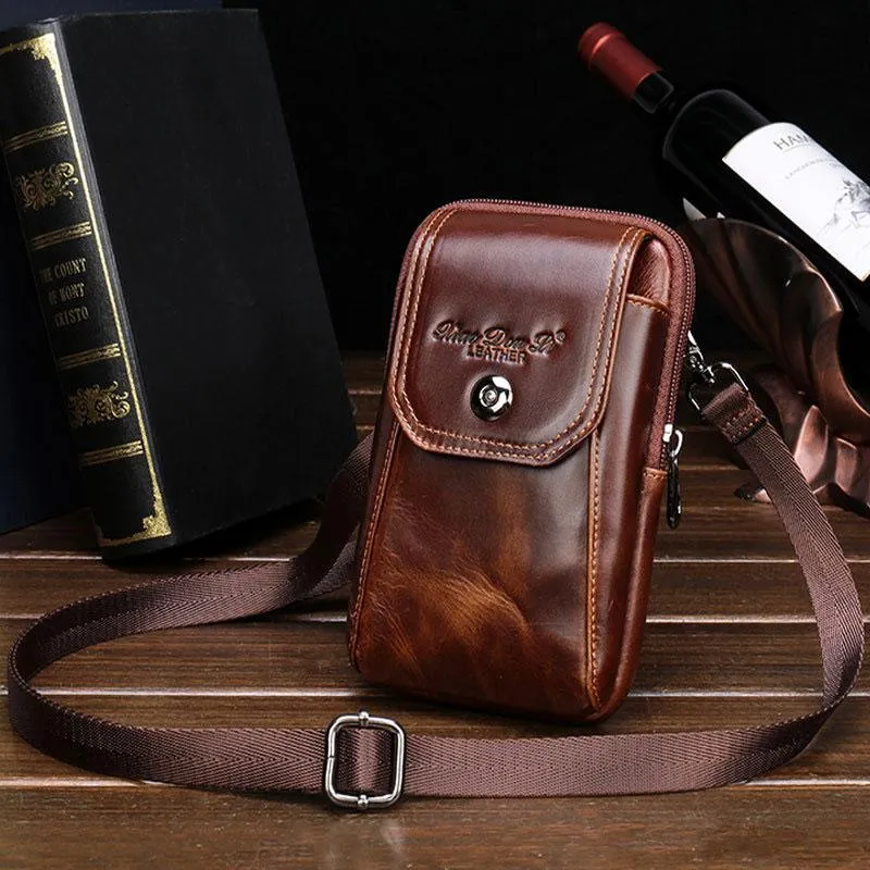 Cool Leather Mens Vintage Small Side Bag Belt Pouch Waist Bag For Men Everyday Utility Neat Stitching