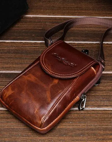 Cool Leather Mens Vintage Small Side Bag Belt Pouch Waist Bag For Men Compact Construction slim fit