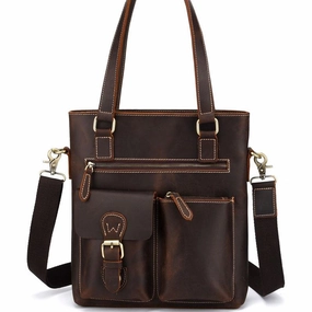 Cool Black Coffee Leather Tote Work Bag Handbag Briefcase Shoulder Bag For Men Trend Spirit Removable Strap