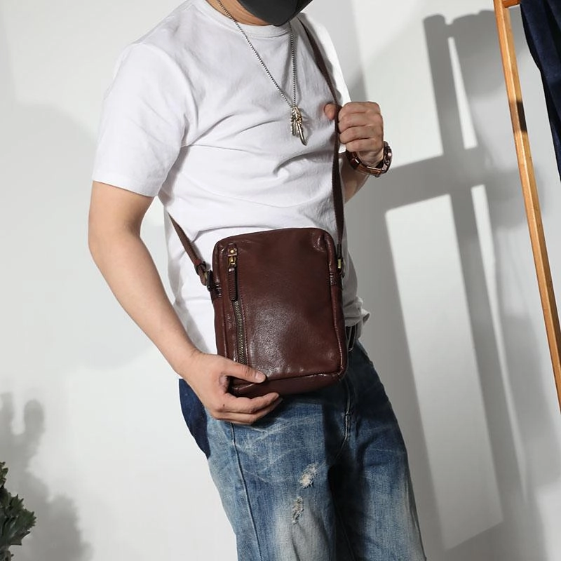Everyday Style Lightweight Gear Cool Black LEATHER MEN'S 8 INCHES Small Side BAGs Vertical Coffee MESSENGER BAGs Courier BAG FOR MEN