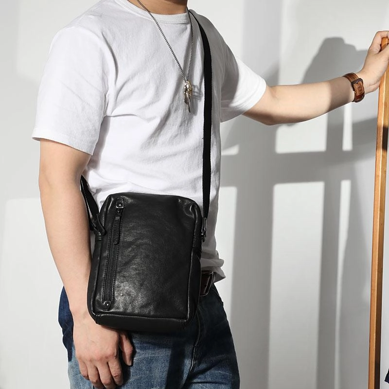 Cool Black LEATHER MEN'S 8 INCHES Small Side BAGs Vertical Coffee MESSENGER BAGs Courier BAG FOR MEN Compact Lifestyle Daily Essential