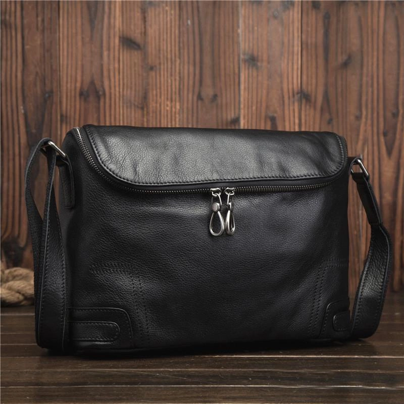 Cool Black Leather Men's Messenger Bag Black Side Bag Courier Bag For Men Functional Organizer
