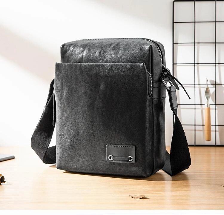 Functional Travel Organized Storage Cool Black Leather Mens 10 inches Vertical Messenger Bags Side Bag Courier Bag for Men
