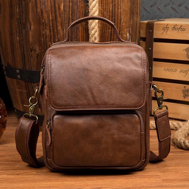 Cool Brown Leather 10 inches Vertical Small Briefcase Side Bags Messenger Bag Courier Bag for Men Modern Design Effortless Travel